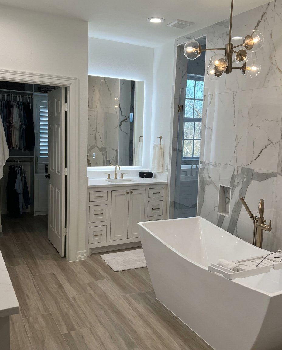 Luxury bathroom remodel with freestanding tub and marble walls