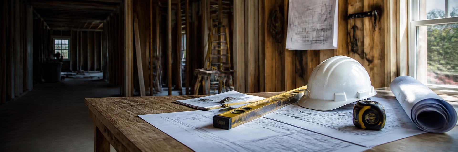 Contractor workbench with hard hat, level, measuring tape and rolled blueprints inside a framed home renovation