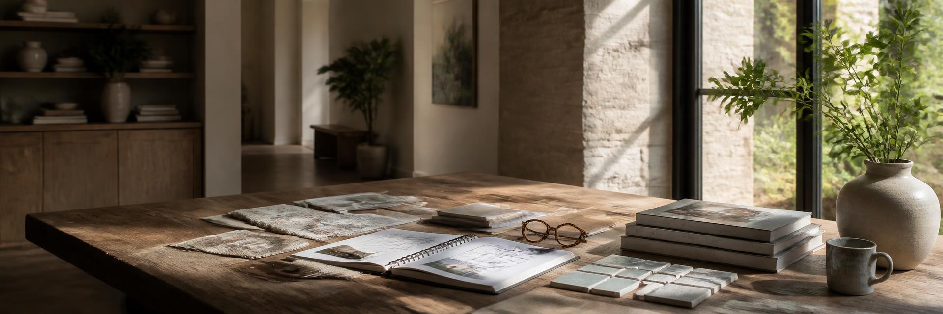 Wooden table with an open remodeling design notebook, tile samples and material swatches in soft daylight
