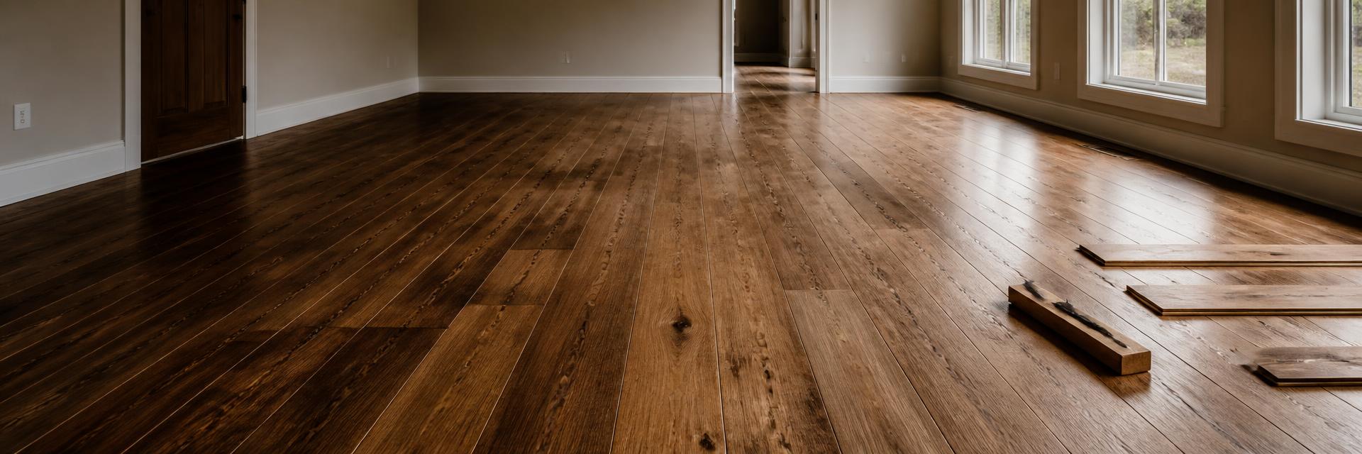 Newly installed wide-plank hardwood flooring in an empty remodeled room with planks and tapping block