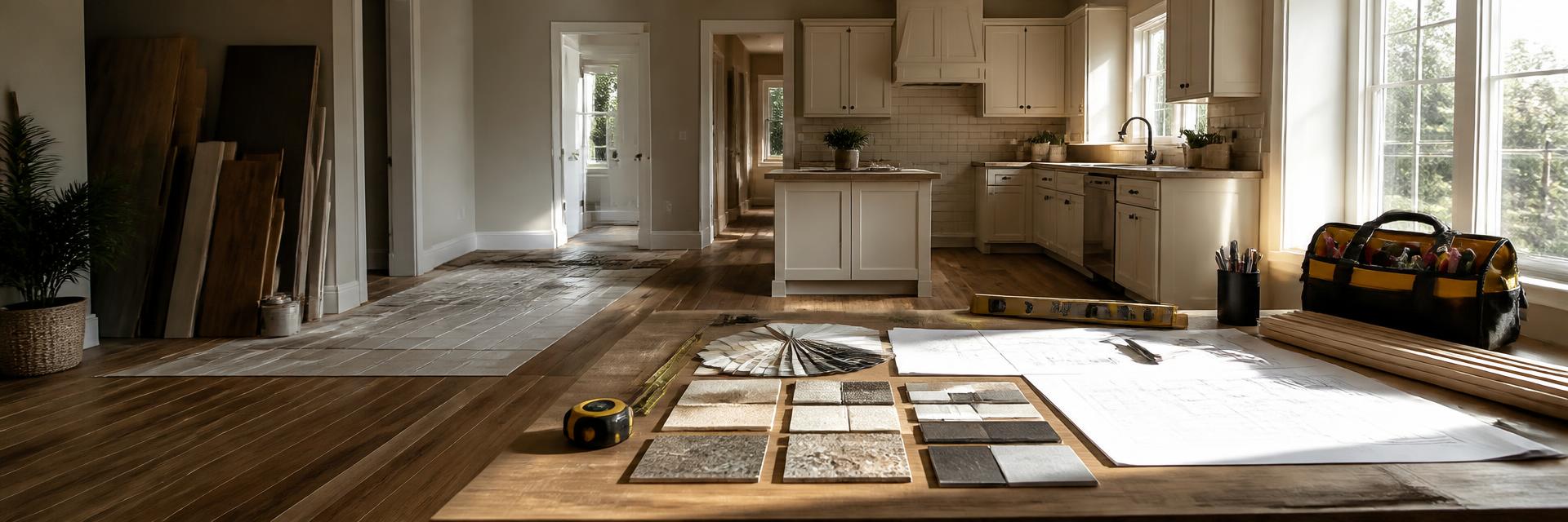 Remodeling project layout with flooring samples, blueprints and contractor tools in an open renovated home