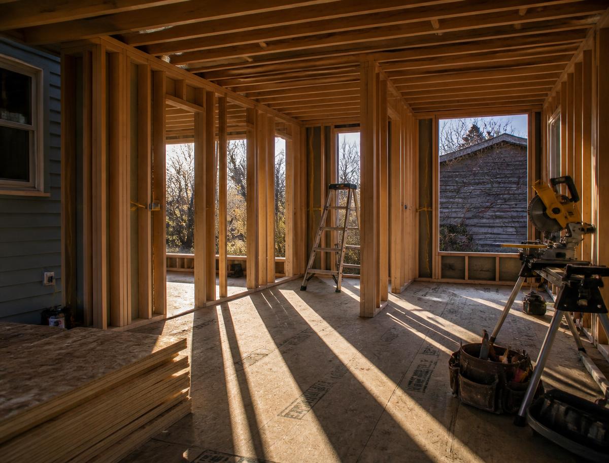 Sunlit framed home addition under construction with organized tools